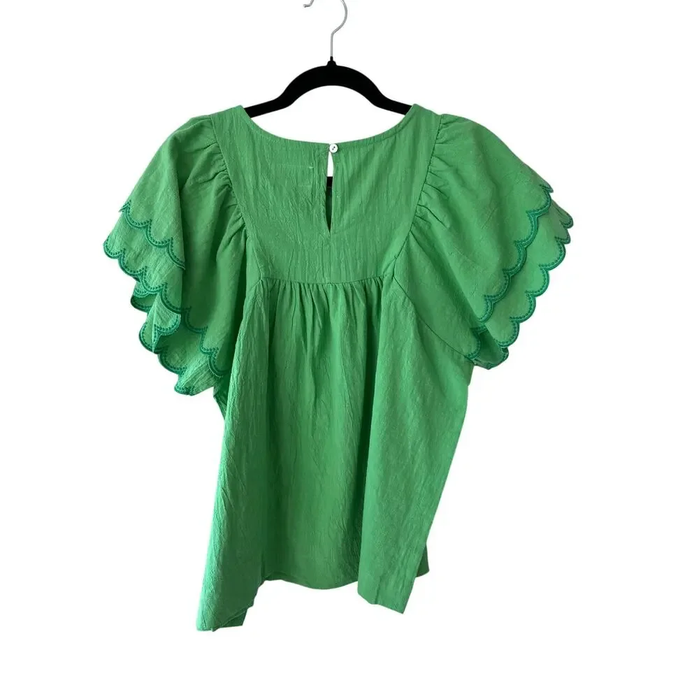 Umgee NWT Green Scalloped Sleeve Blouse Puff Sleeve Babydoll Boutique Sz M - Picture 3 of 6